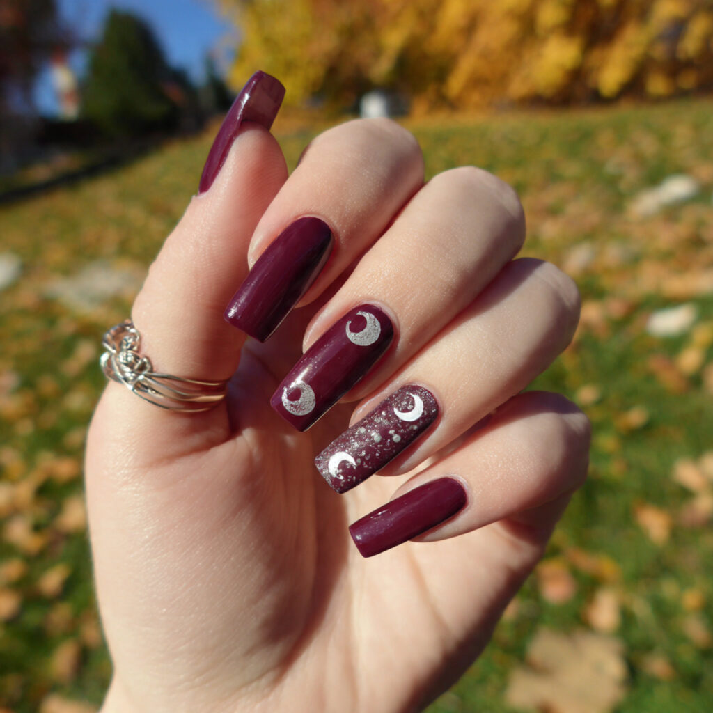 attractive burgundy coffin with half moons nails w