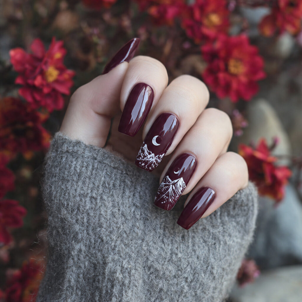attractive burgundy coffin with half moons nails w 2