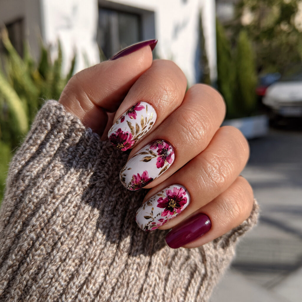 attractive burgundy flowers on a milky base nails