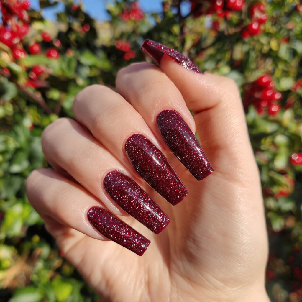 attractive burgundy glitter coffin acrylic nails w 1