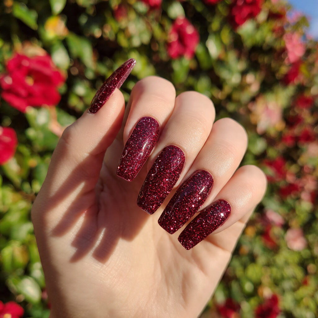 attractive burgundy glitter coffin acrylic nails w
