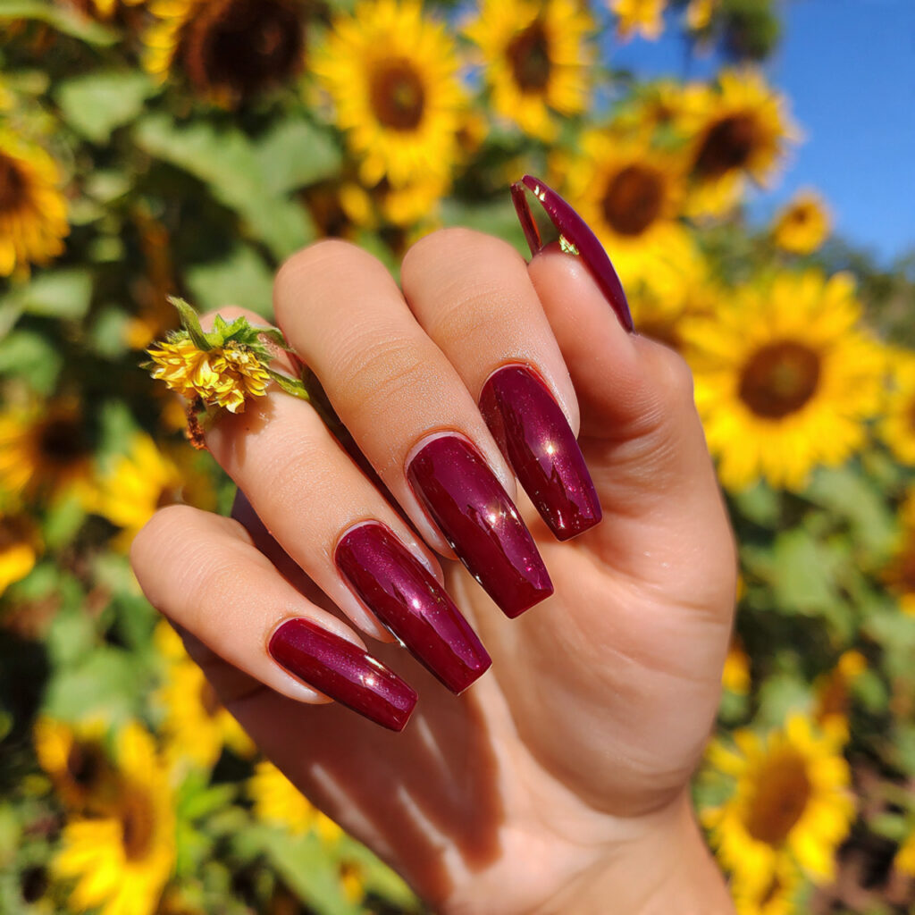 attractive burgundy long square acrylic glam nails 1