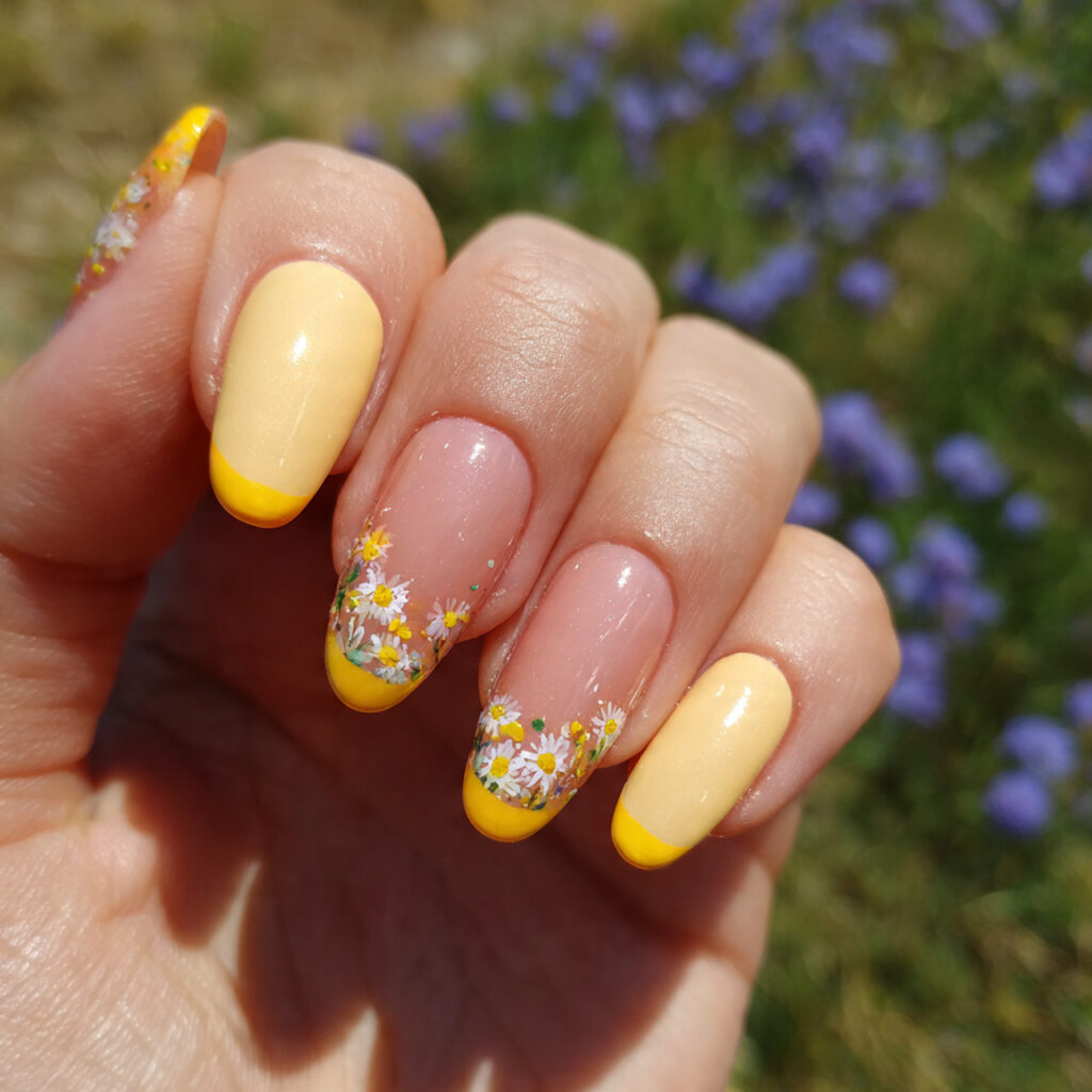 attractive butter yellow accent tip nails with sum