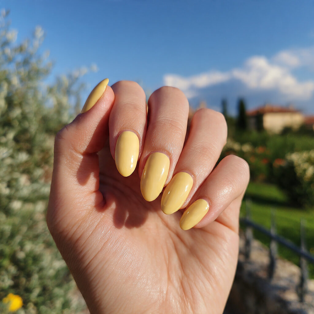 attractive butter yellow almond short nails with o