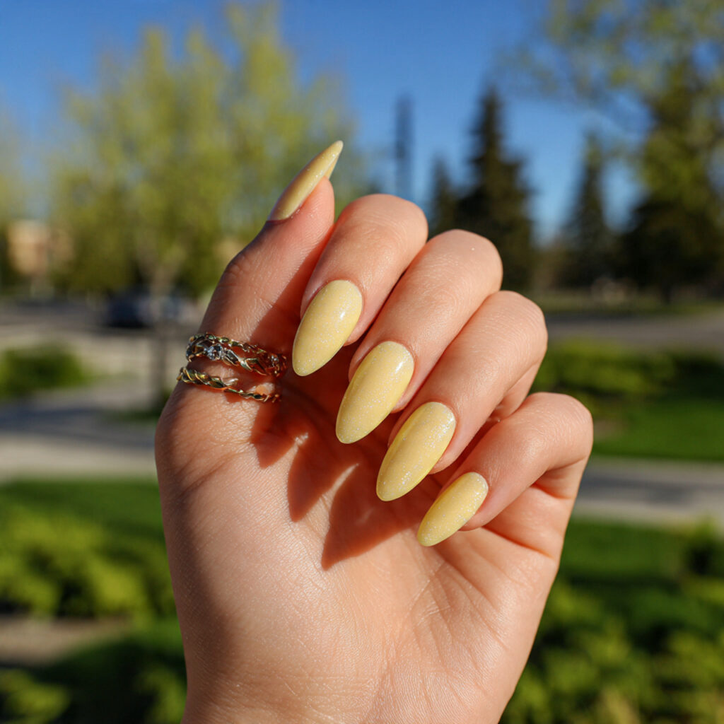 attractive butter yellow aura soft sun halo nails