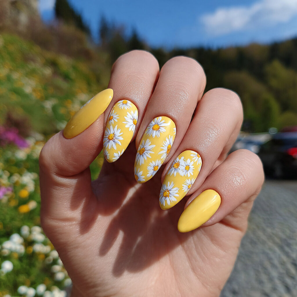 attractive butter yellow daisy nails with outdoor