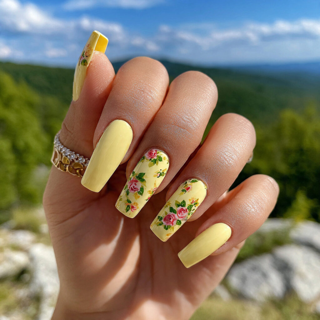 attractive butter yellow floral acrylics nails wit