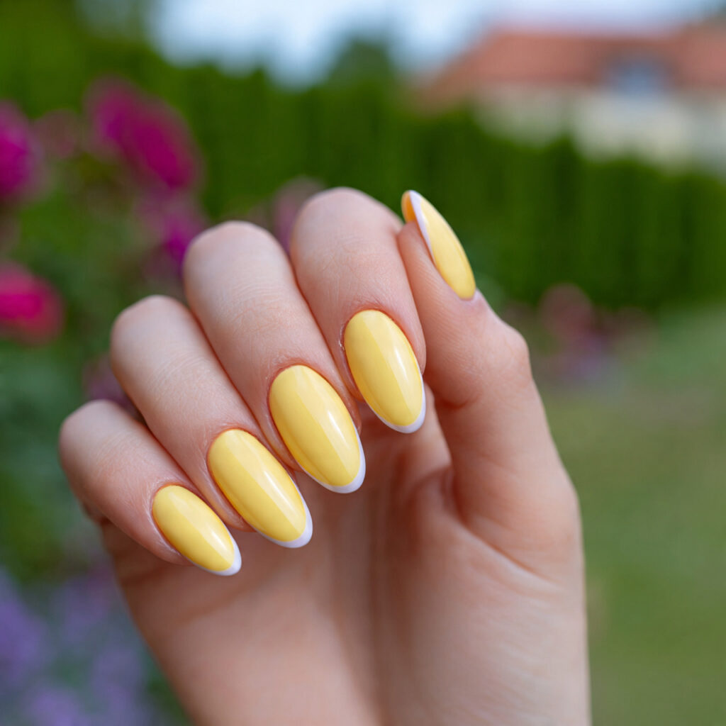 attractive butter yellow french almond nails with