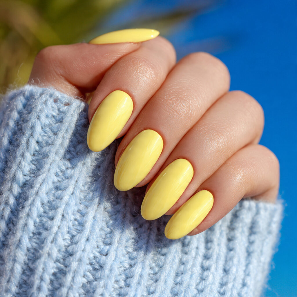 attractive butter yellow glossy nails with summer