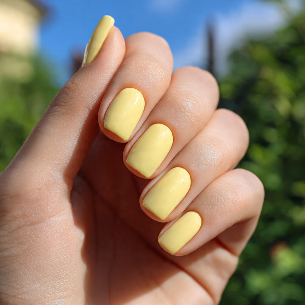 attractive butter yellow glossy short nails with o