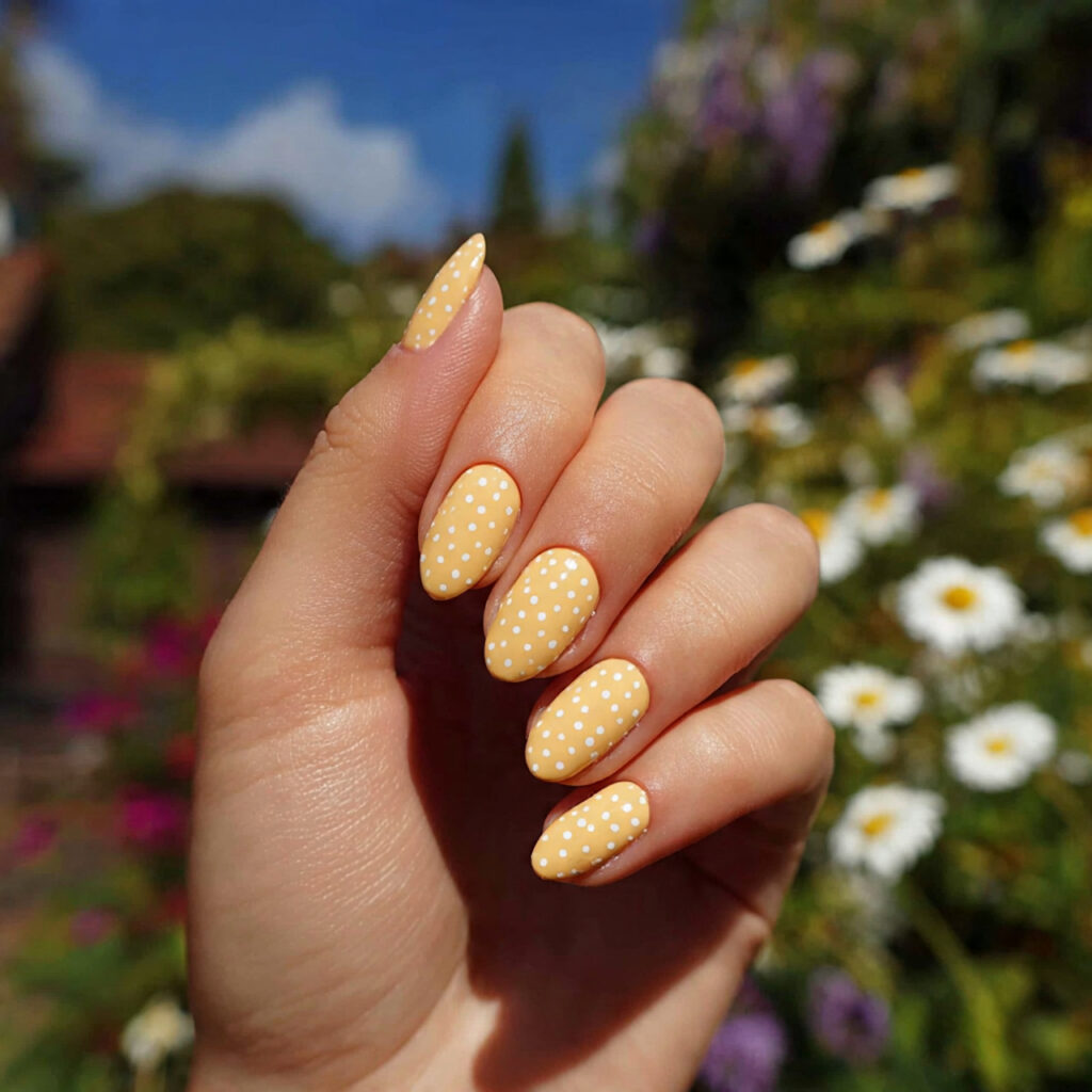 attractive butter yellow nails with tiny dots with 1