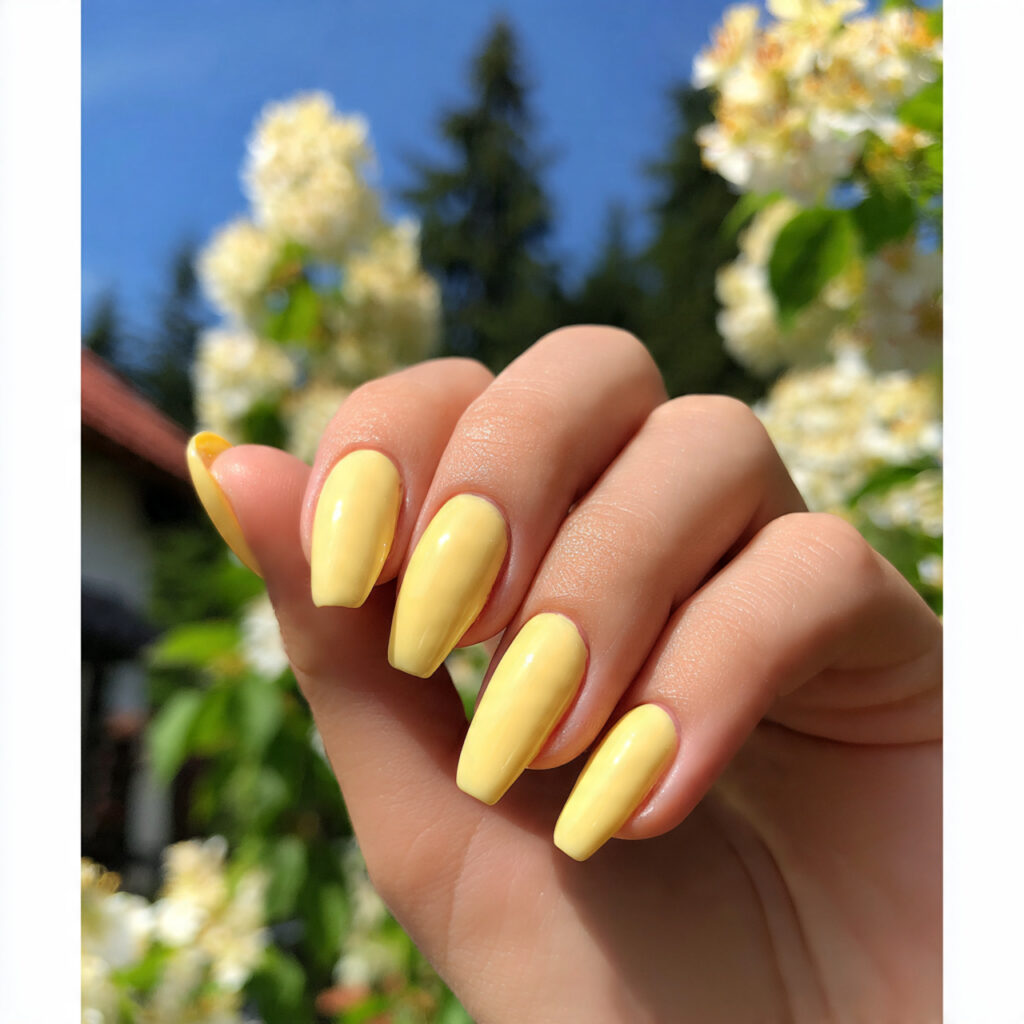 attractive butter yellow short coffin nails with o