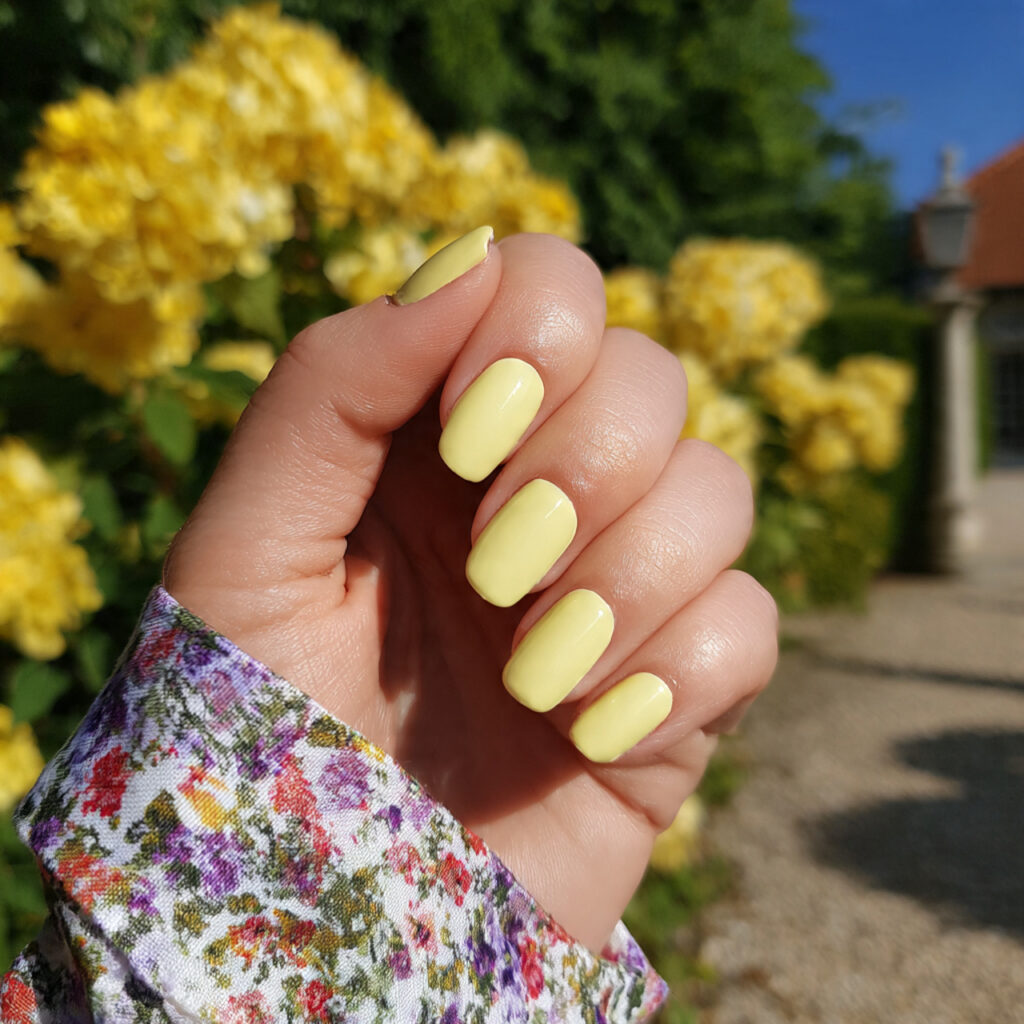attractive butter yellow short duck nails with out 1