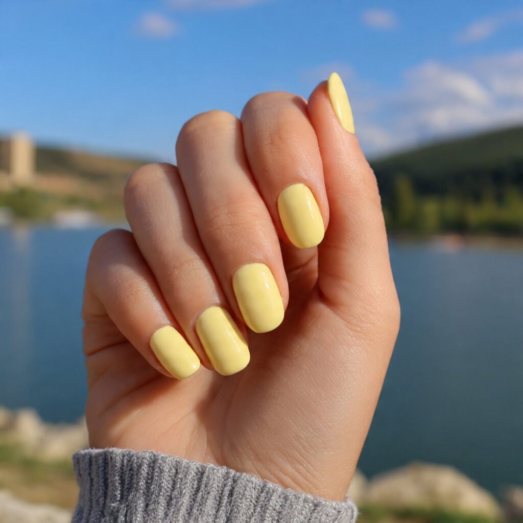 attractive butter yellow short nails with outdoor