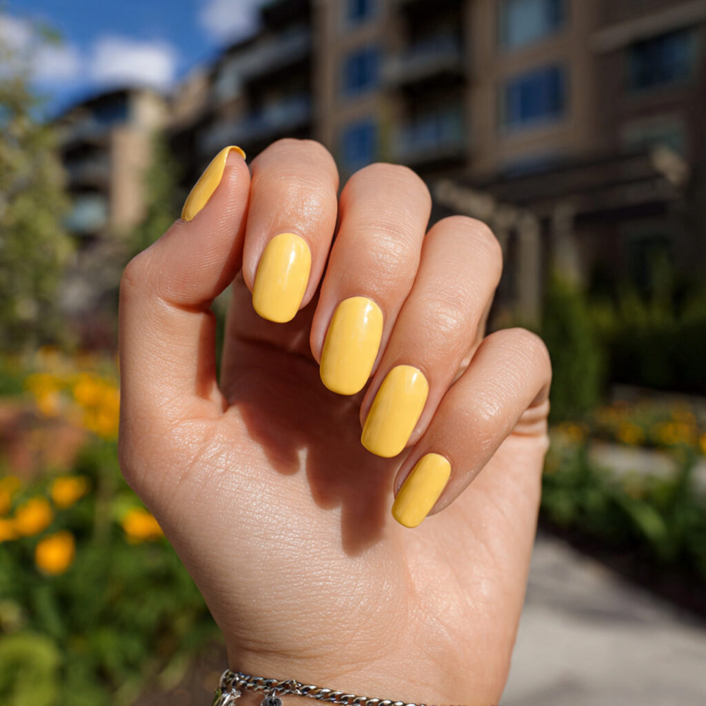 attractive butter yellow short nails with outdoor 1 1