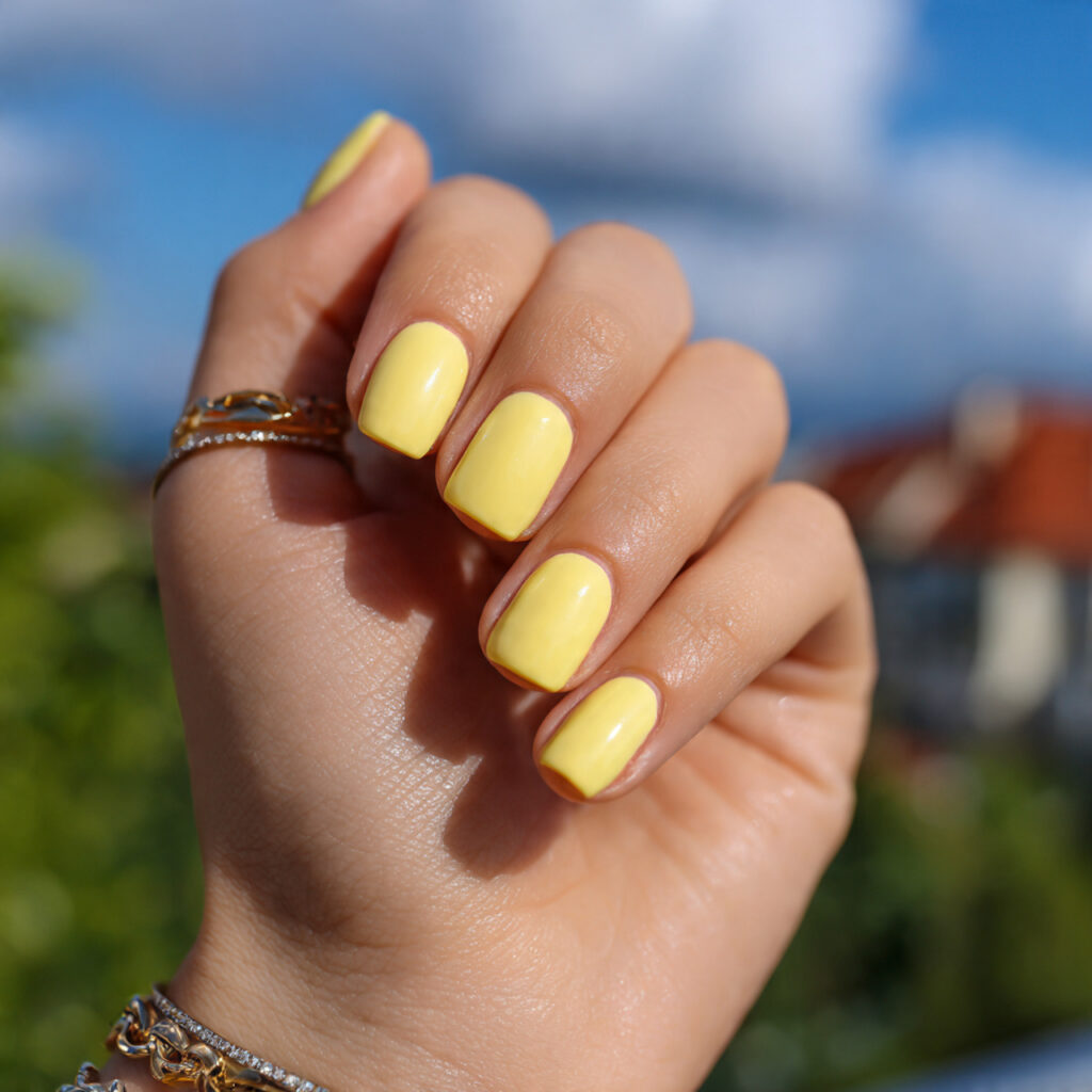 attractive butter yellow short nails with outdoor 1