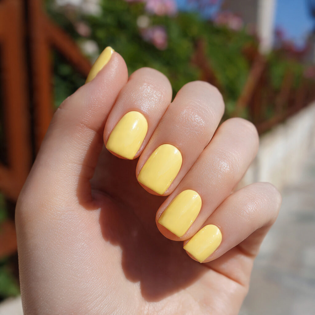 attractive butter yellow short nails with outdoor 1 2