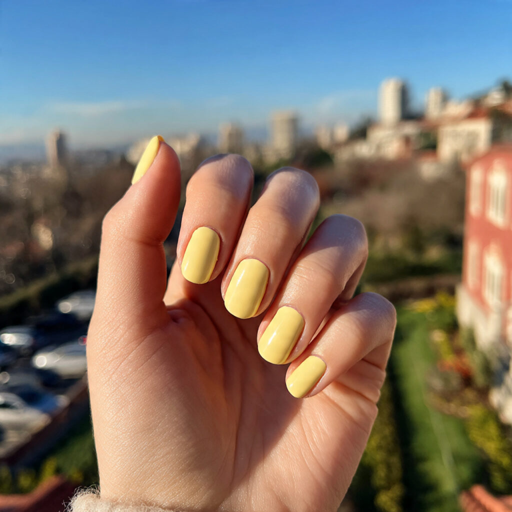 attractive butter yellow short nails with outdoor 1 3