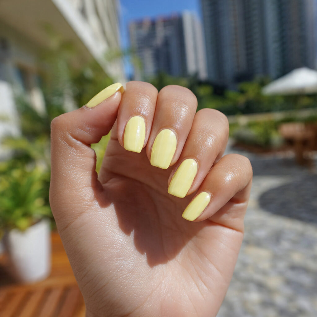 attractive butter yellow short nails with outdoor 2