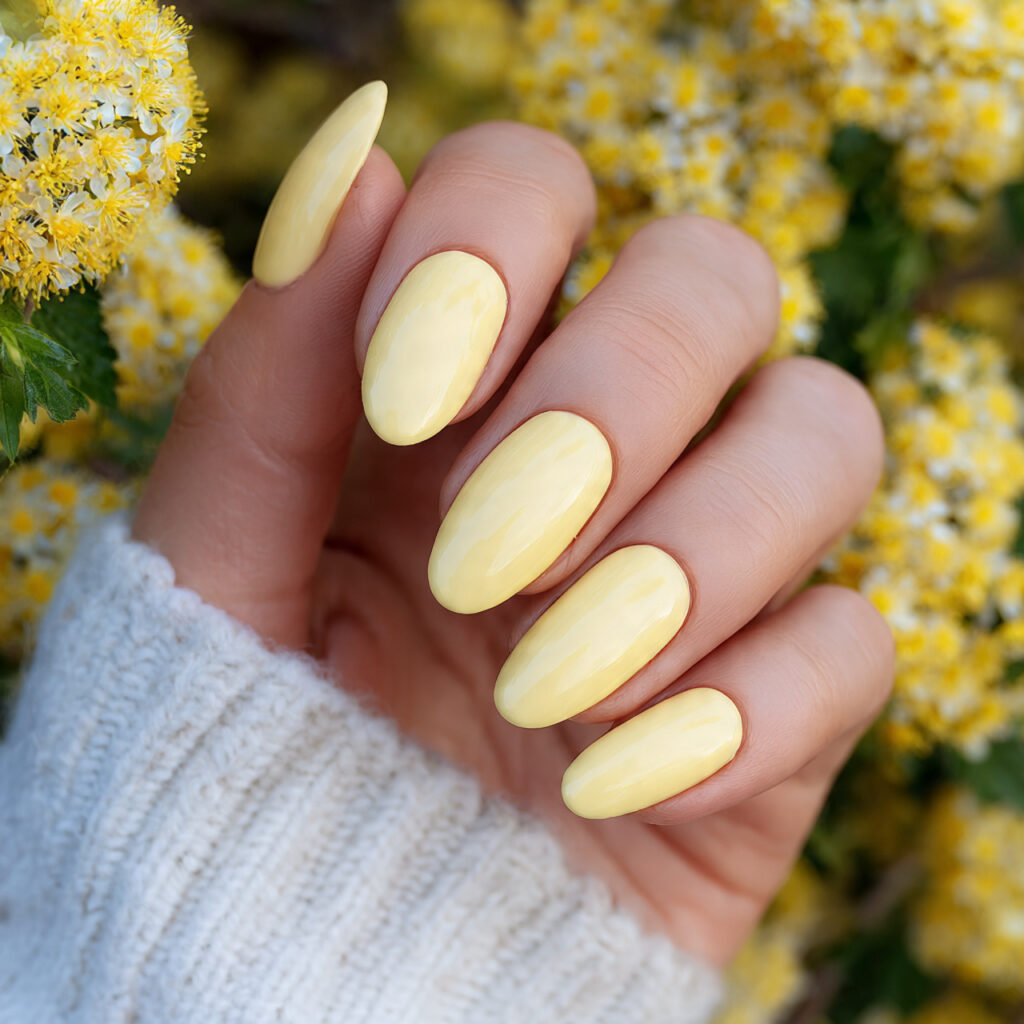 attractive butter yellow short oval nails with out