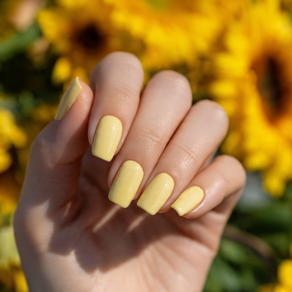 attractive butter yellow short square nails with o