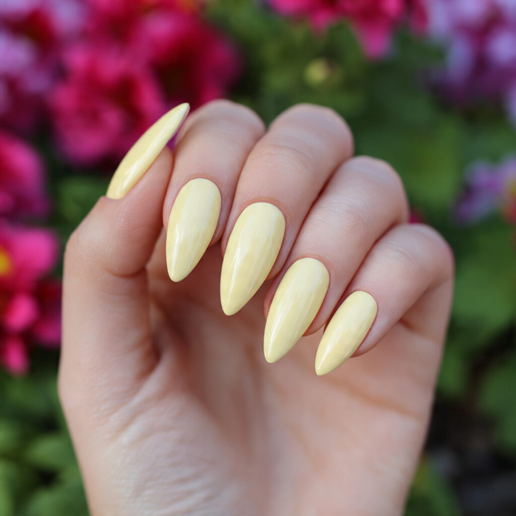 attractive butter yellow short stiletto nails with