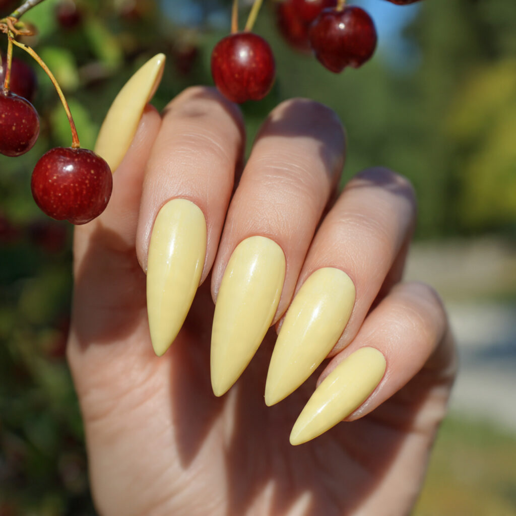 attractive butter yellow stiletto nails with summe