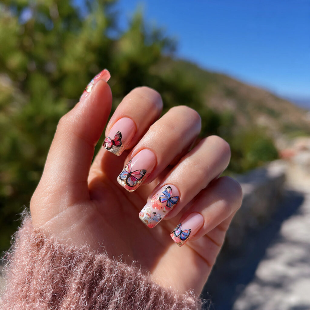 Nail Inspo Y2K: 14 Playful Y2K Nail Ideas That Feel So Cute and Nostalgic 4 attractive butterfly accent y2k nails with outdoor