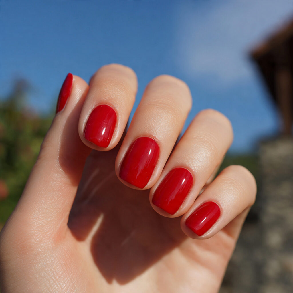 attractive candy apple red short nails with outdoo 1