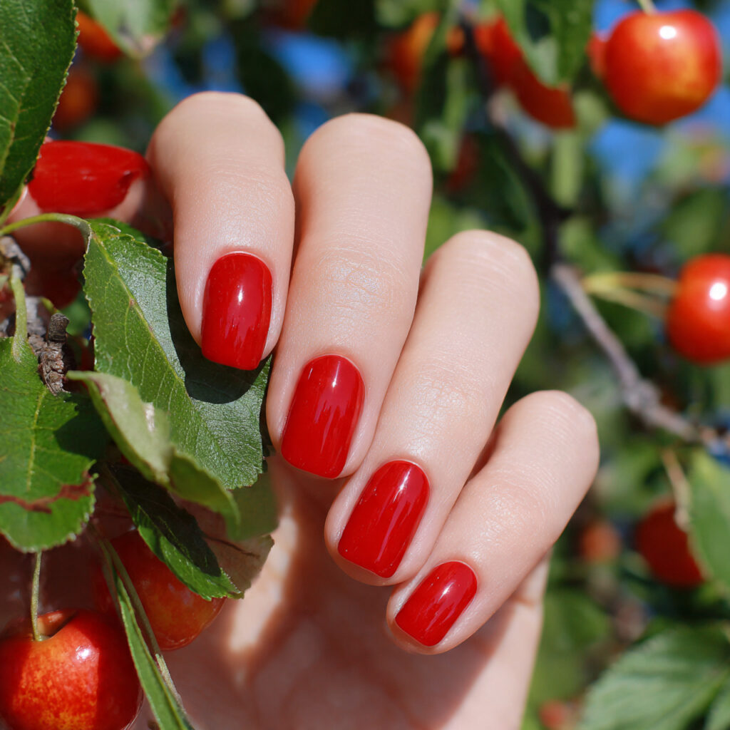 attractive candy apple red short nails with outdoo