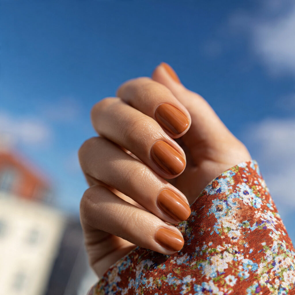 attractive caramel gloss short nails with outdoor