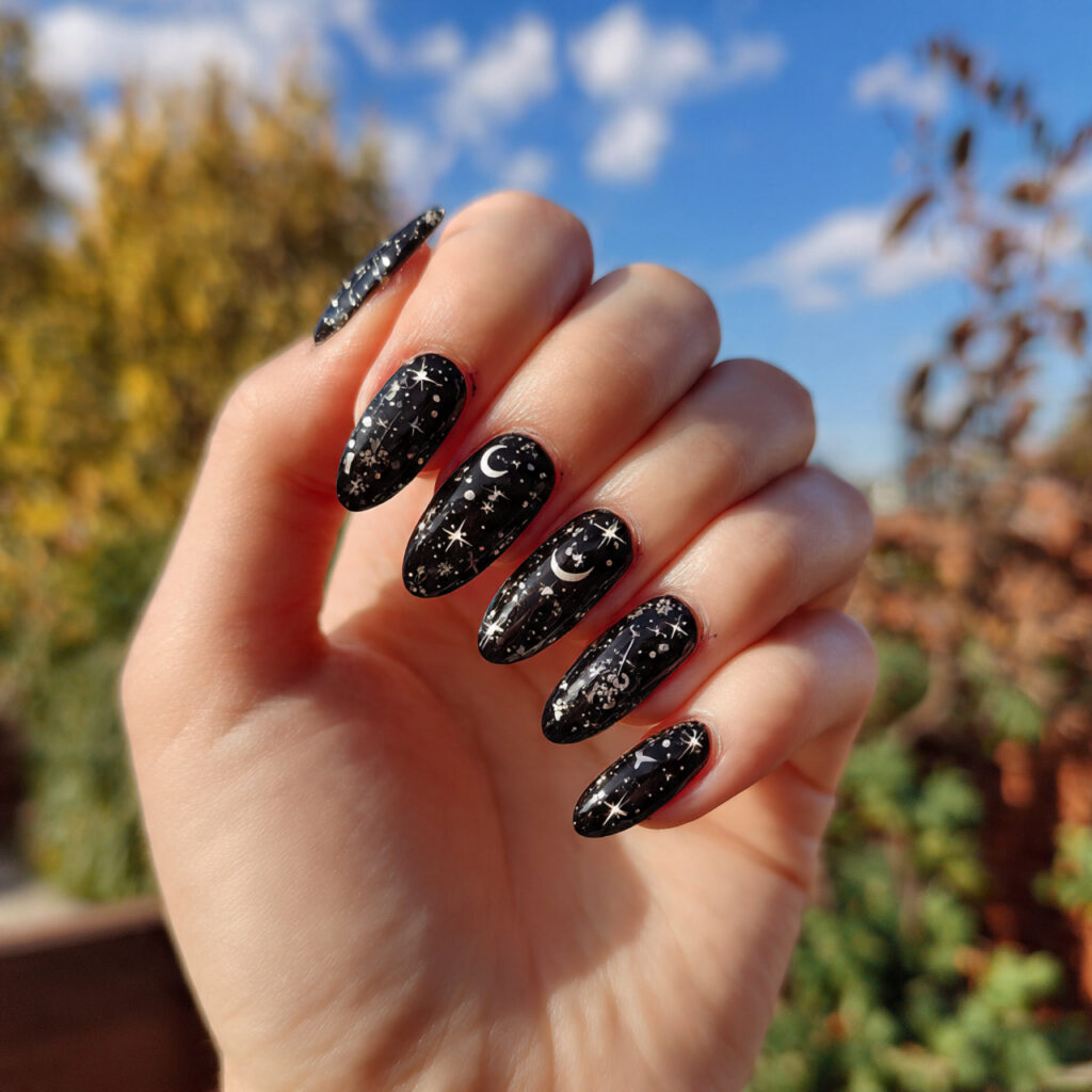 attractive celestial black nails with tiny stars a 1