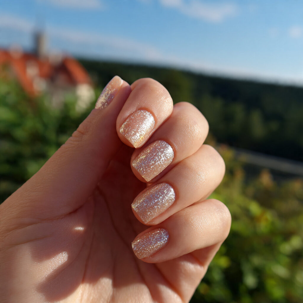 attractive champagne gold glazed short nails with