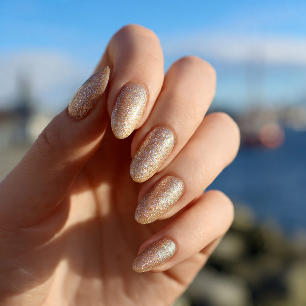 attractive champagne shimmer aura golden dust nail