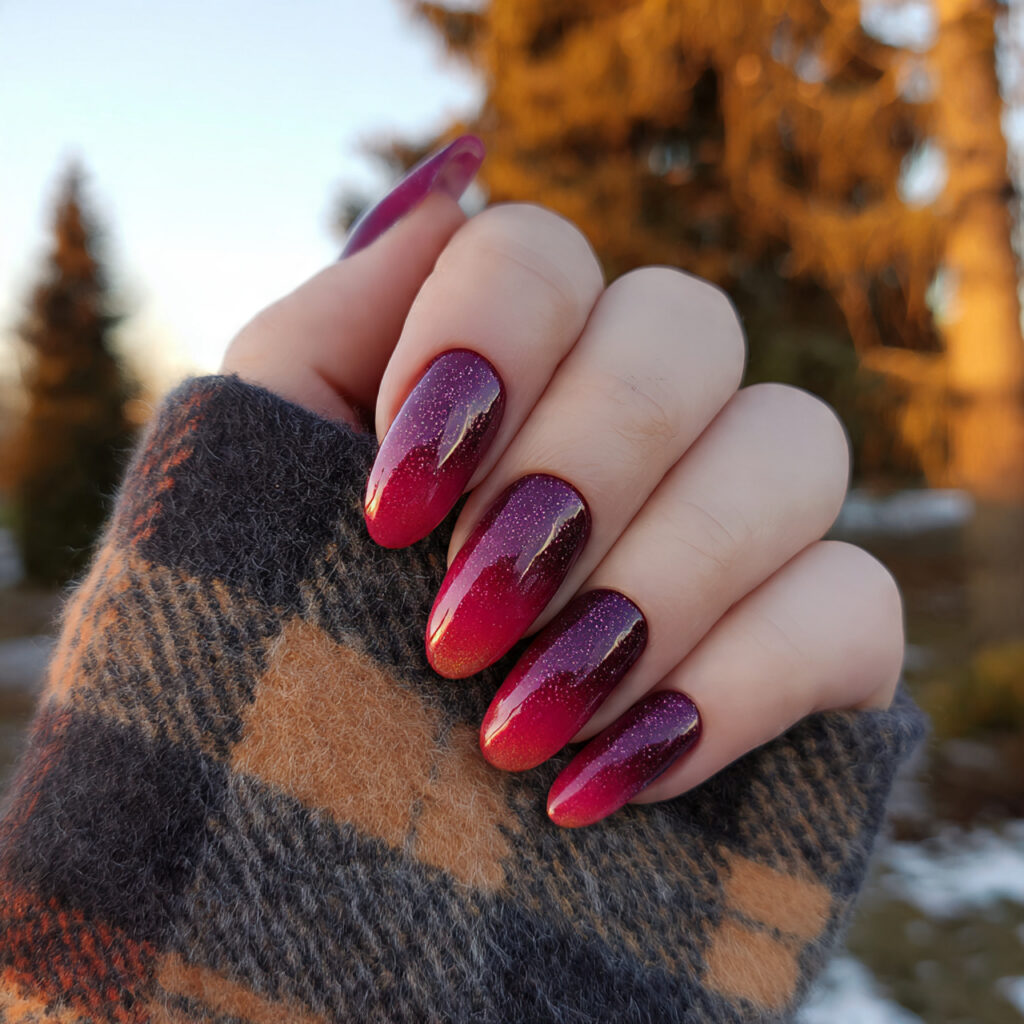 attractive cherry aura glow nails with outdoor bac
