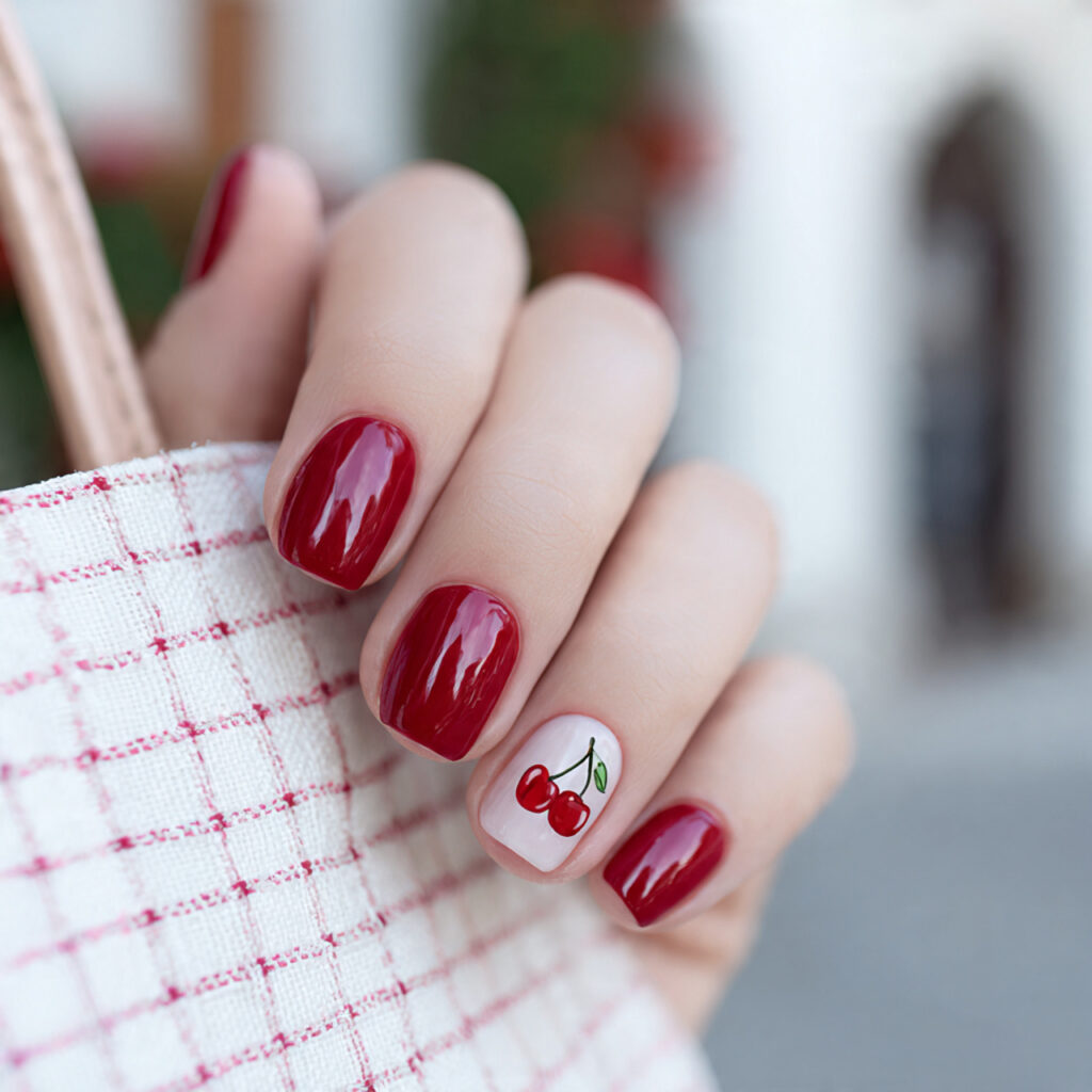 attractive cherry detail glossy nails with outdoor