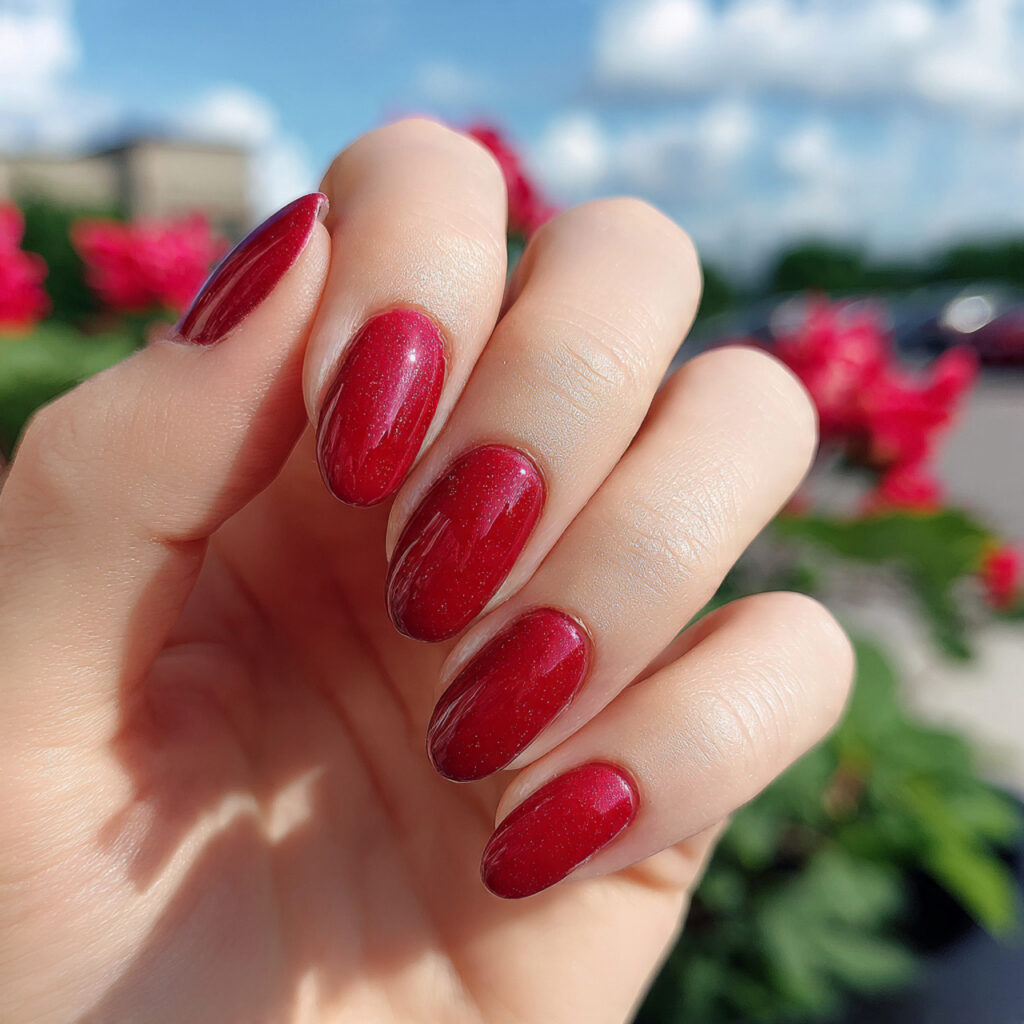 attractive cherry gloss short red nails with outdo