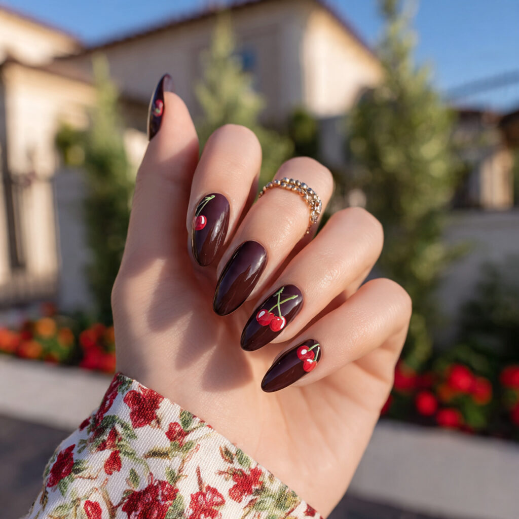 Nail Inspo Almond: 12 Dreamy Almond Nail Ideas You’ll Want to Save Instantly 11 attractive cherry mocha almond nails with outdoor