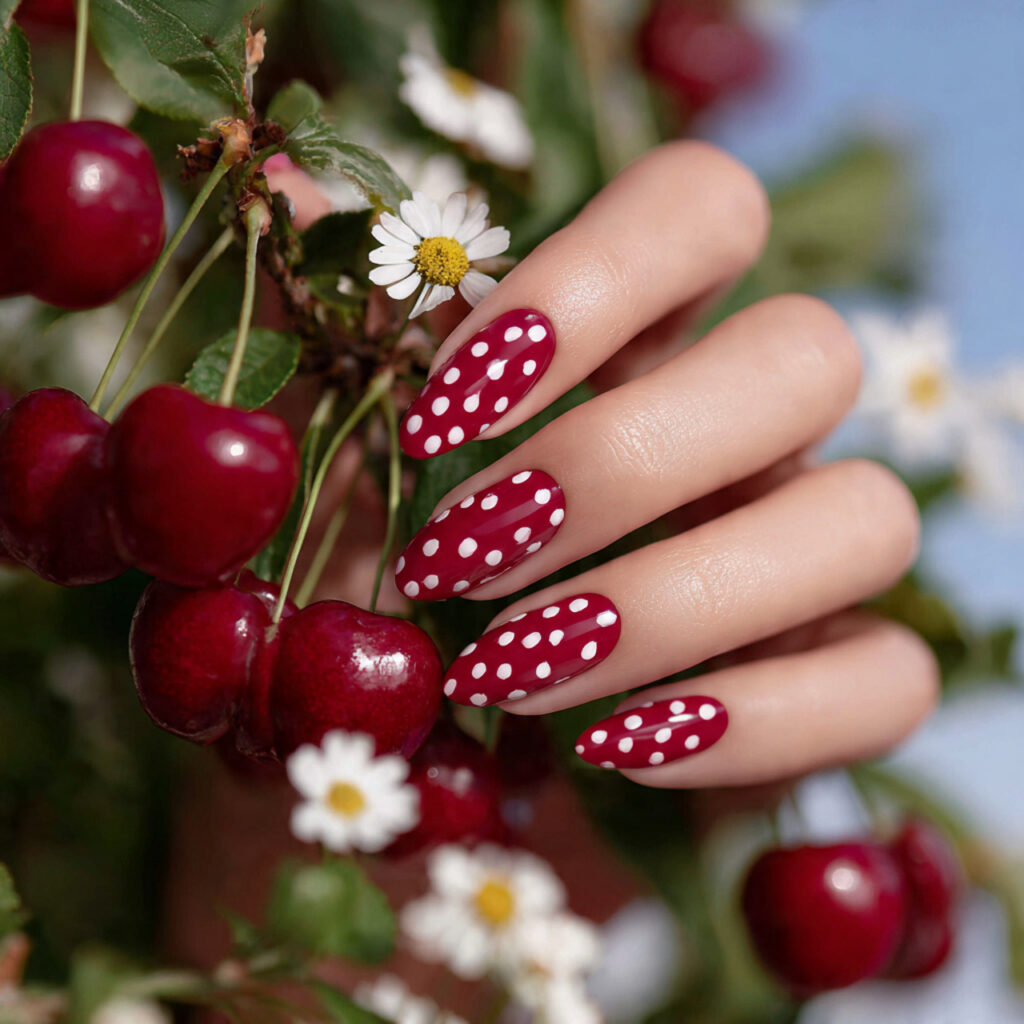 attractive cherry picnic gel nails with summer out