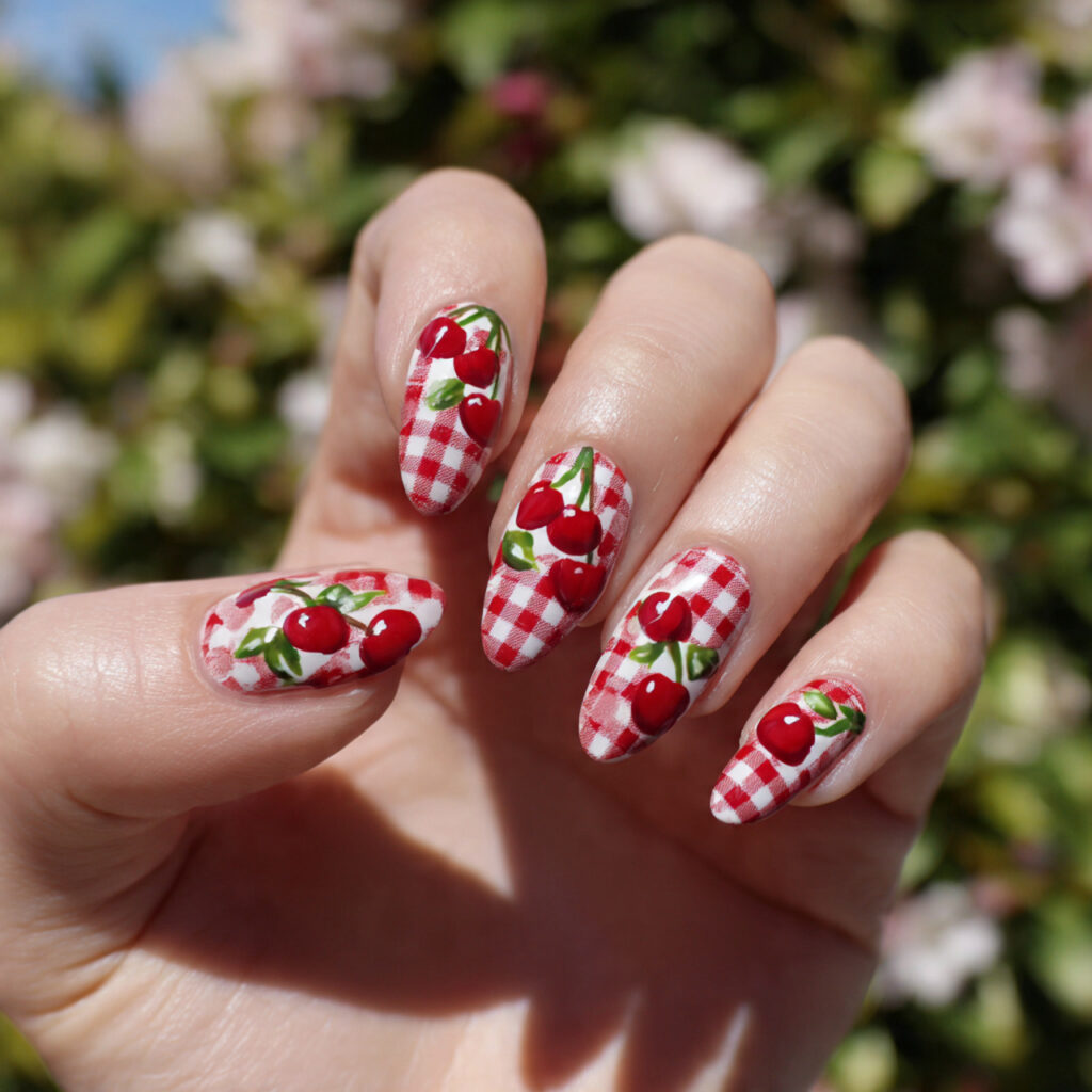 attractive cherry picnic nails minimal version wit
