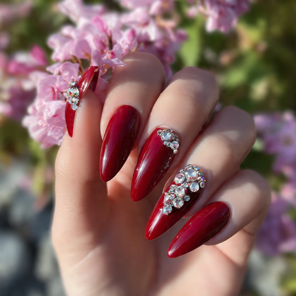 attractive cherry red acrylic with rhinestone acce