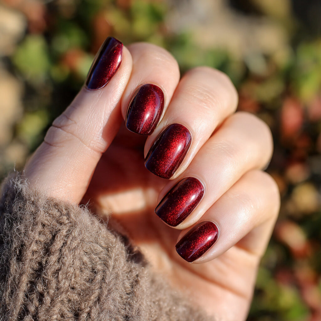 attractive cherry red cat eye short square nails w