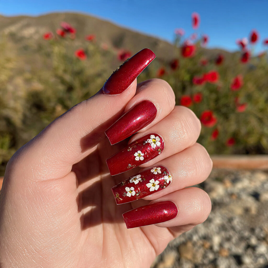 attractive cherry red coffin acrylic glam nails wi