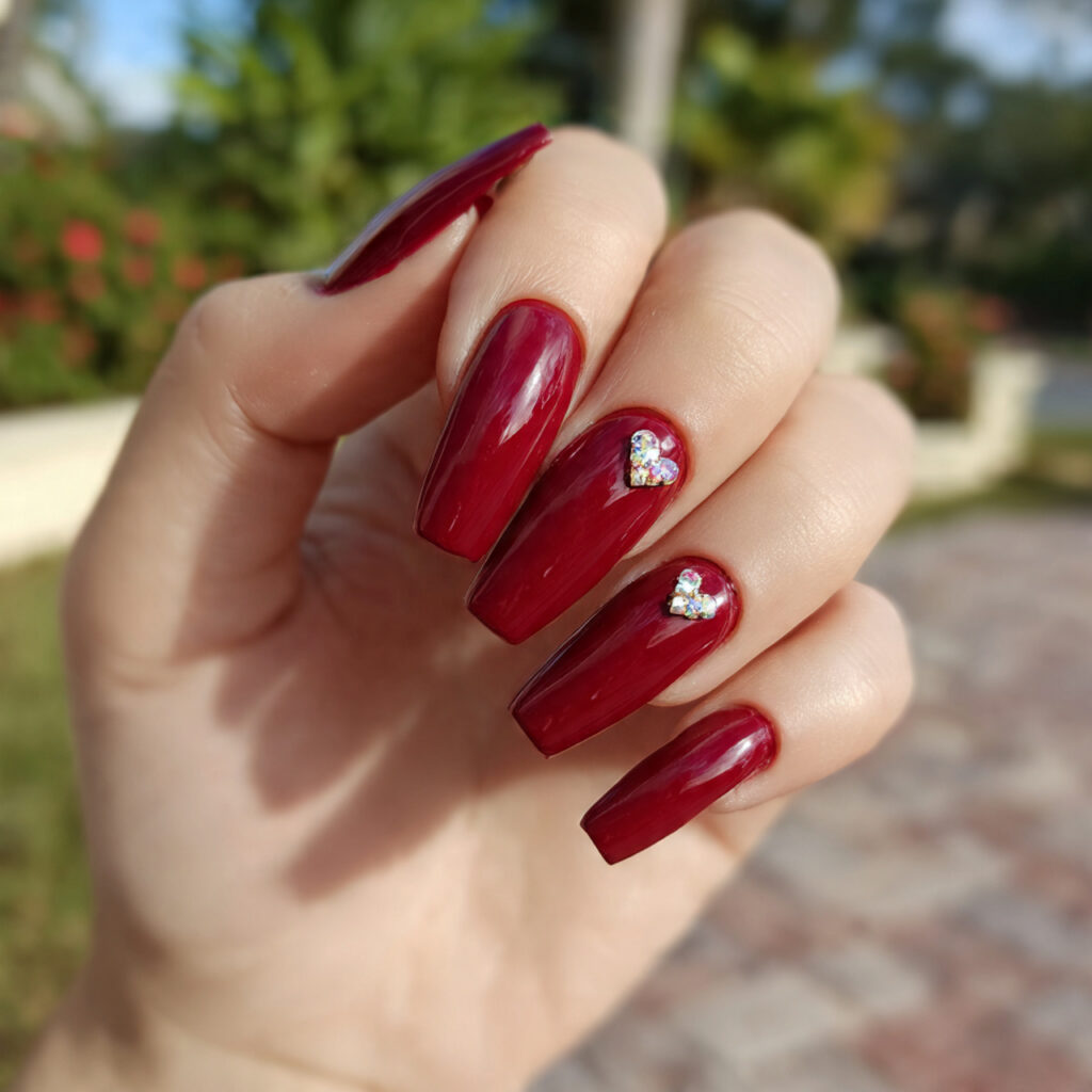 attractive cherry red coffin with tiny heart accen 1