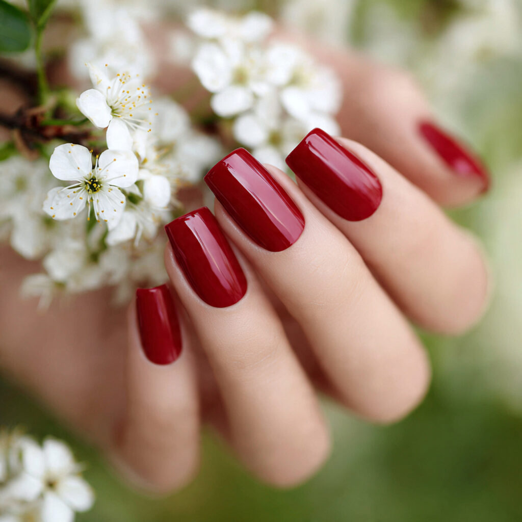 attractive cherry red gloss square nails with outd