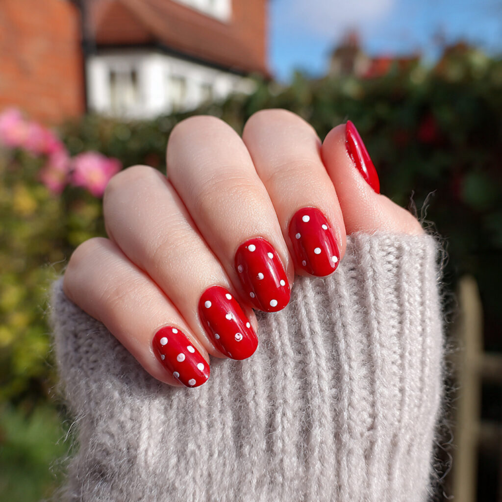 attractive cherry red nails with white dots with o