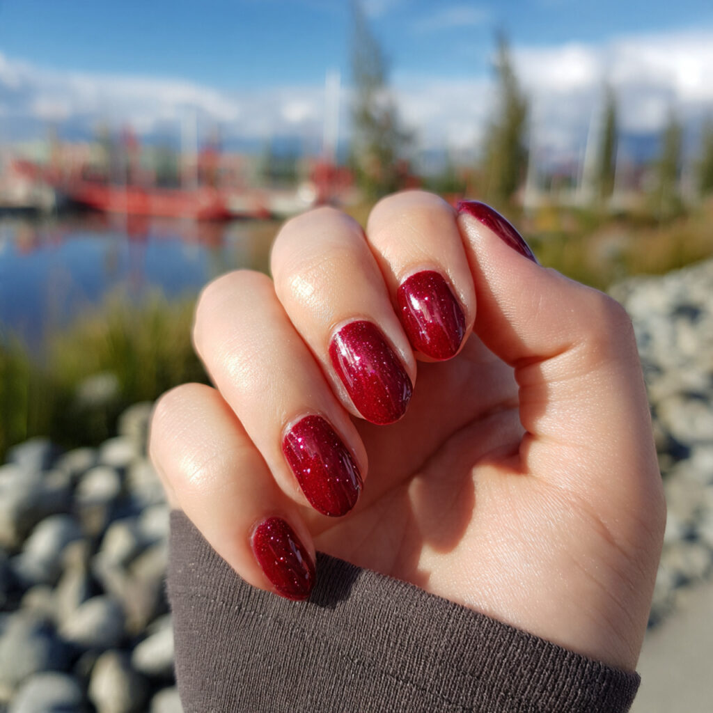 attractive cherry red short nails with outdoor bac