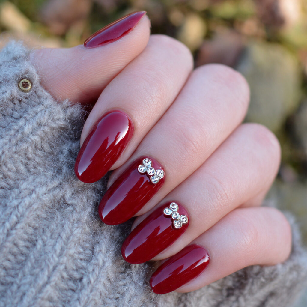attractive cherry red with tiny bow accent nails w