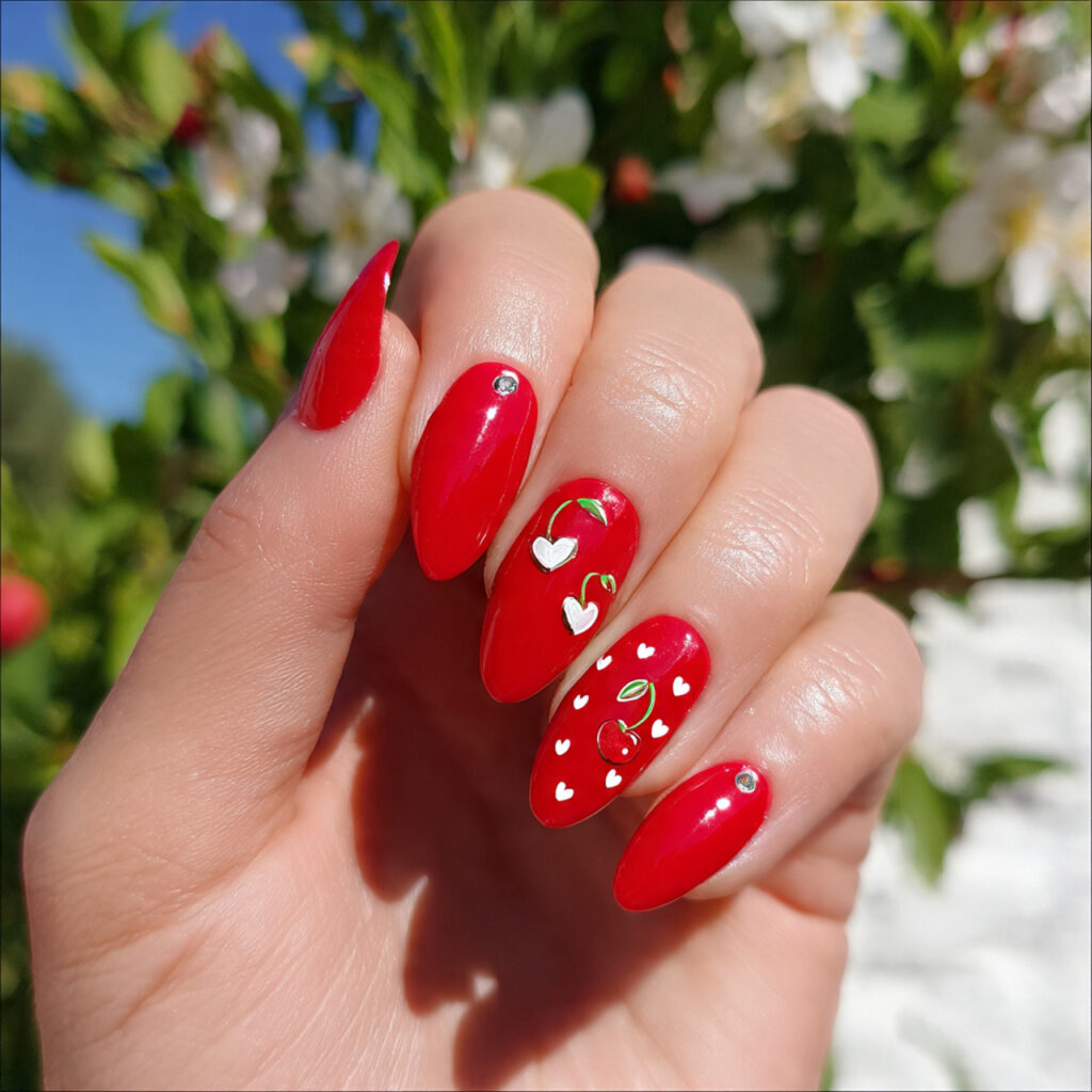 attractive cherry red with tiny heart detail nails