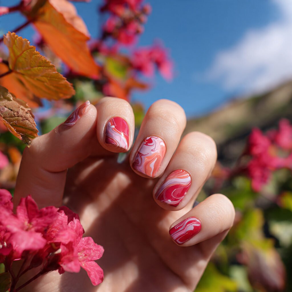 attractive cherry swirl short nails with outdoor s